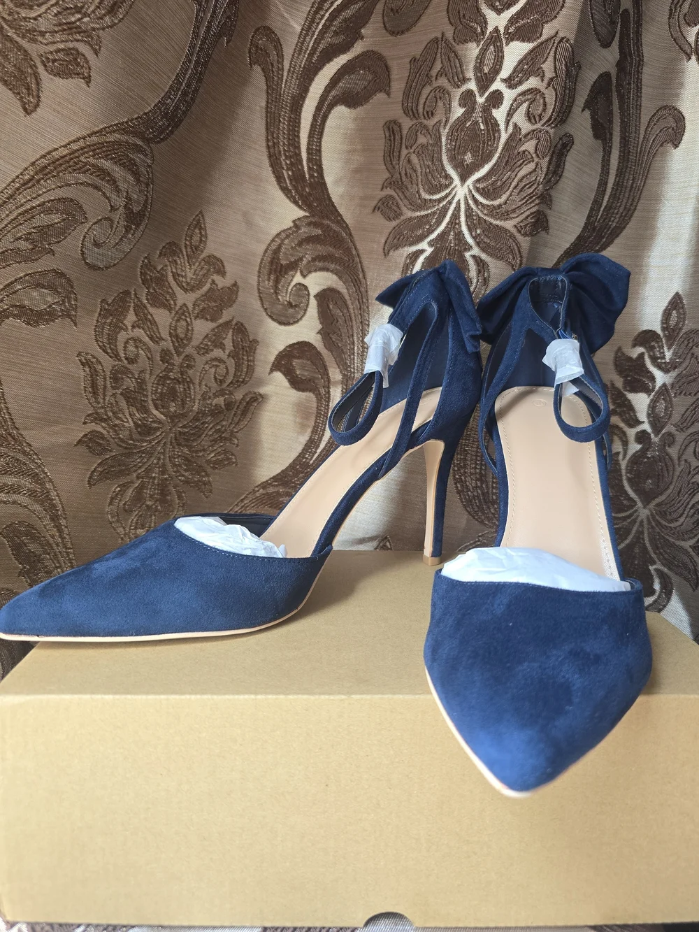 Elegant Navy Pointed-Toe Ankle-Tie Heels